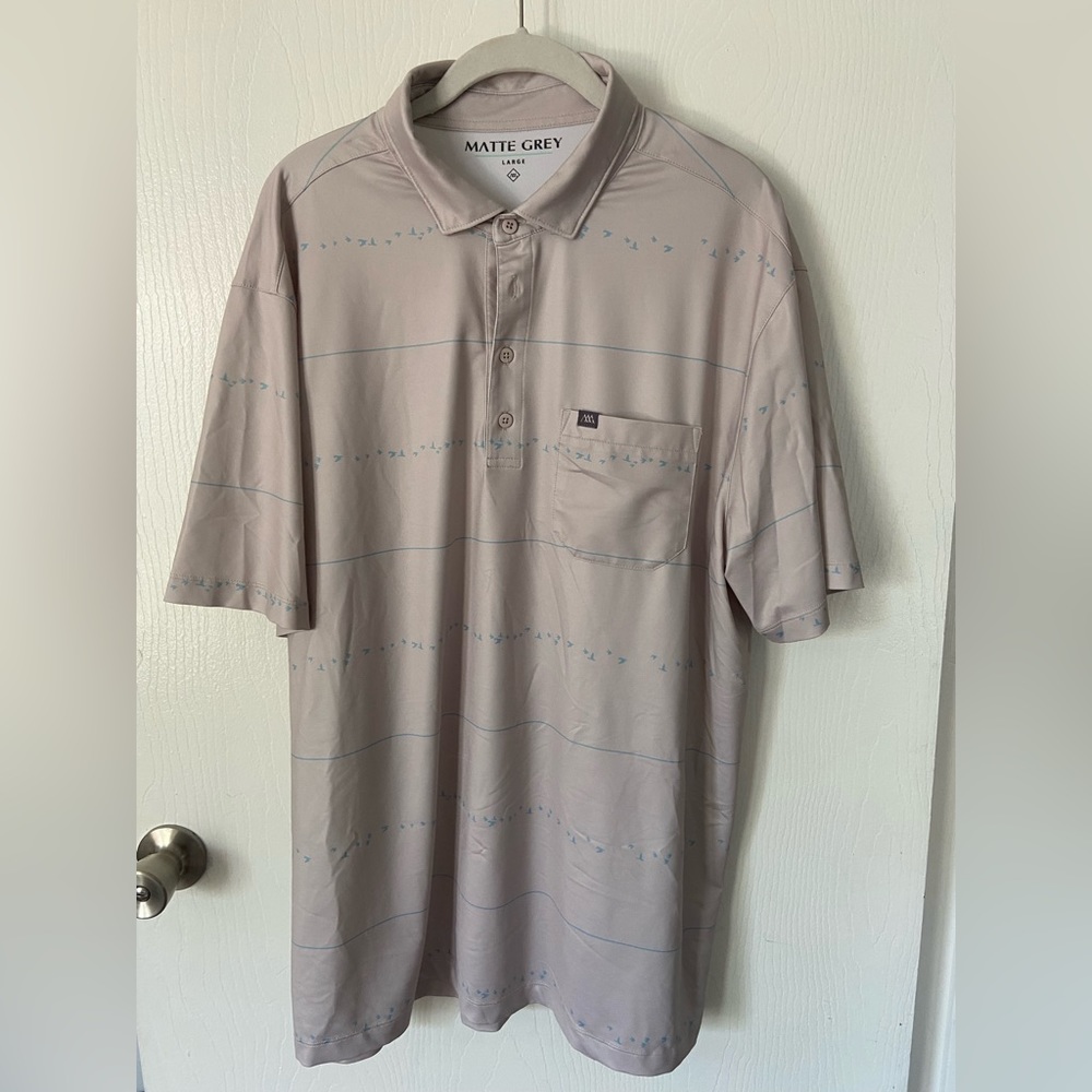 Matte Gray Men’s Golf Polo Large, Light Khaki with blue birds